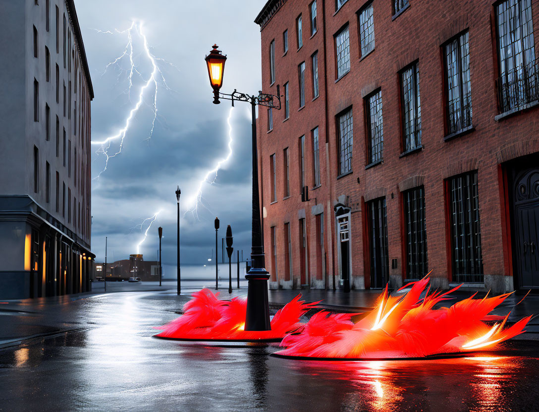 Bright red feather boa on rainy city street under stormy sky