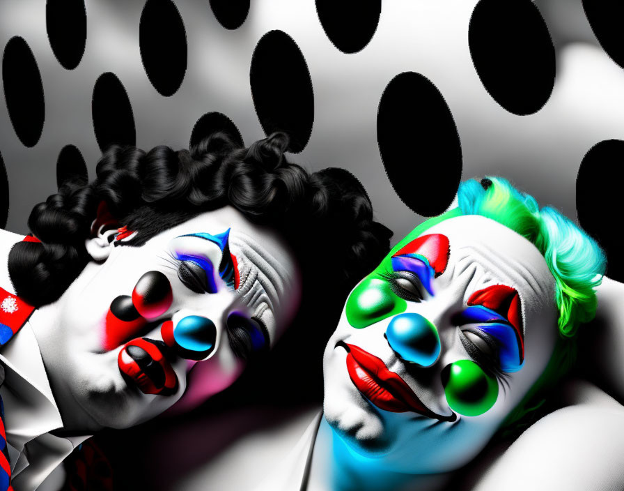 Colorful makeup clowns lying head-to-head on polka dot background