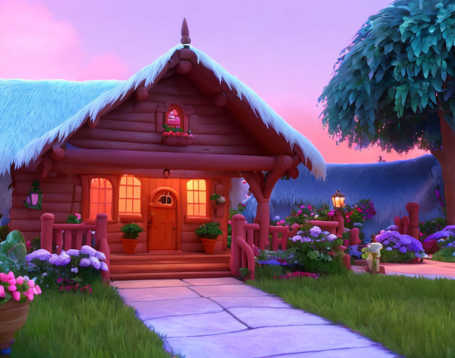 Rustic wooden cabin with thatched roof and vibrant flowers at twilight