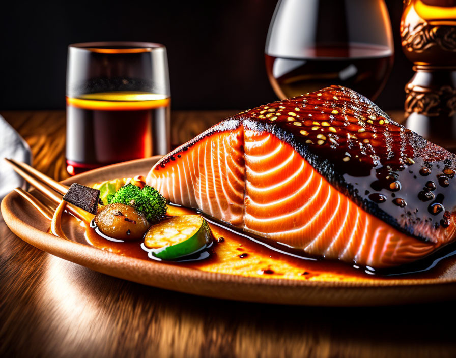 Glazed salmon fillet with soy sauce, vegetables, chopsticks, and drink on wooden table