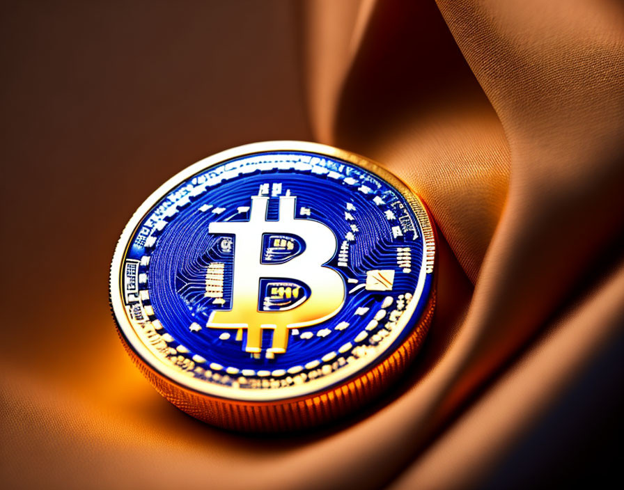 Bitcoin token on textured surface in warm golden light