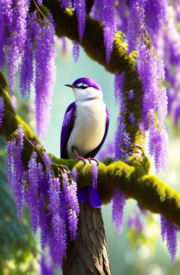 Violet-backed starling on mossy branch in wisteria forest