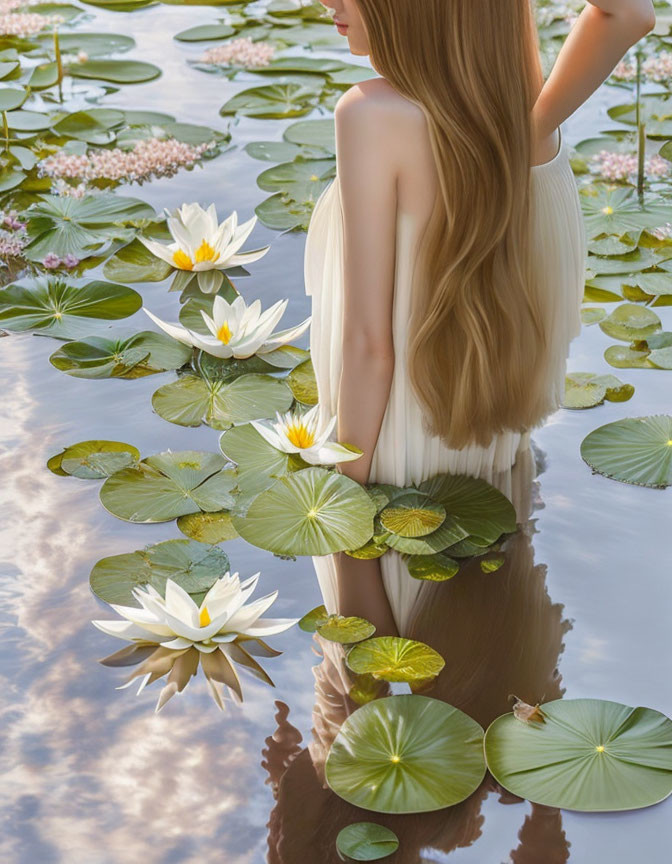 Long-haired person surrounded by blooming water lilies in water, wearing light draped garment.