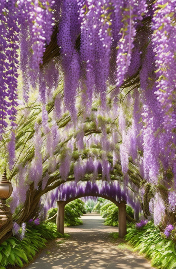 Tranquil garden path with blooming wisteria arch