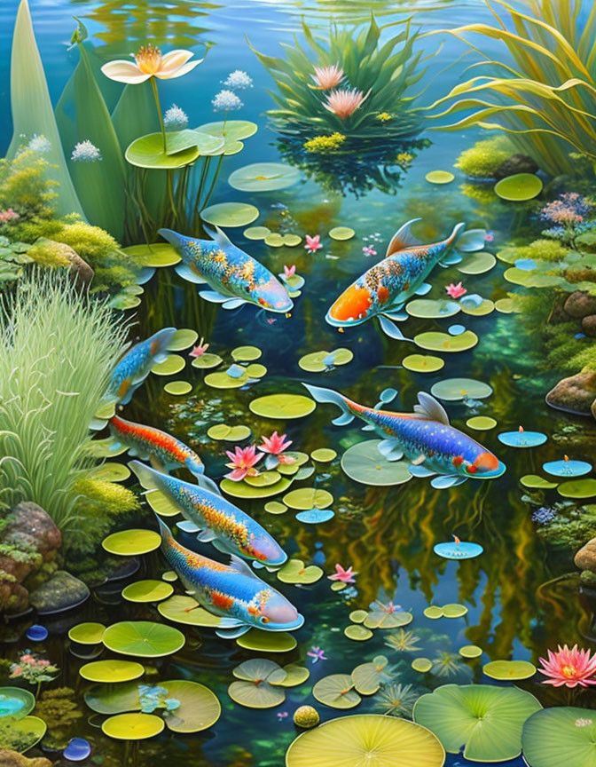 Vibrant koi fish among lily pads and flowers in a serene pond