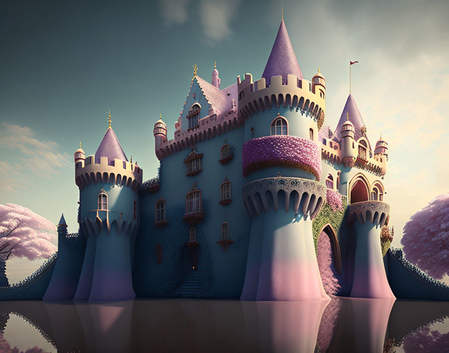 Whimsical fairytale castle with purple towers and pink trees reflected in water