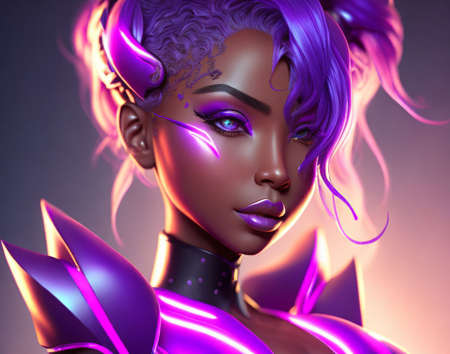 Vibrant digital artwork: Woman with purple luminescent skin and hair, neon highlights, futuristic