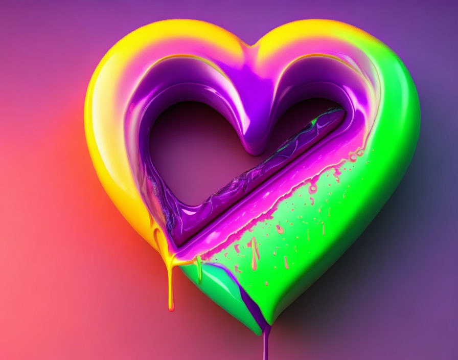 Colorful 3D heart-shaped balloon with paint drips on purple background