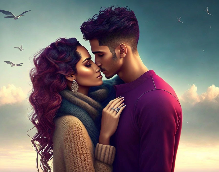 Romantic couple in purple sweater and scarf about to kiss against dusky sky