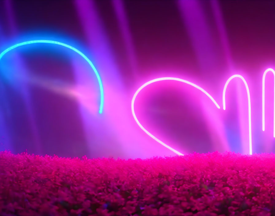 Colorful neon heart and arcs on textured surface in dark setting