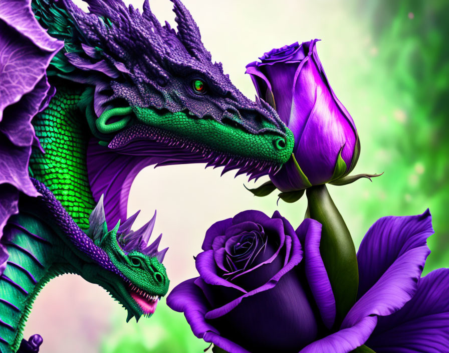 Digital artwork: Green dragon with intricate scales and purple roses on soft green background