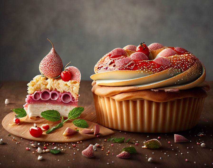 Ornate fruit tart with creamy filling, berries, mint, and sugar