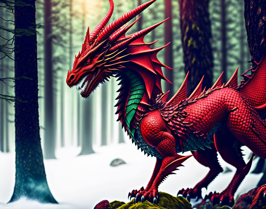 Majestic red dragon with sharp spikes in misty forest