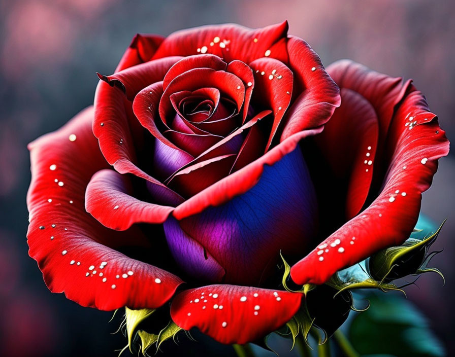 Vivid red rose with purple hues and white droplets on blurry background