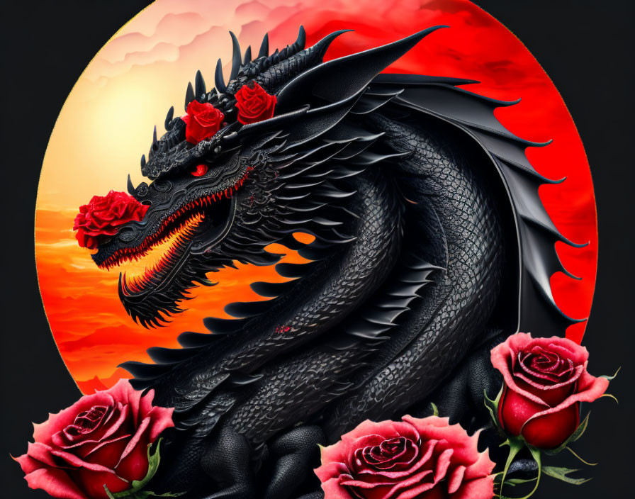 Black dragon with red eyes and roses in circular frame at orange sunset