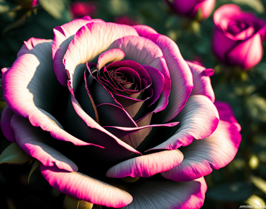 Bi-color rose with white petals edged in pink on dark green background