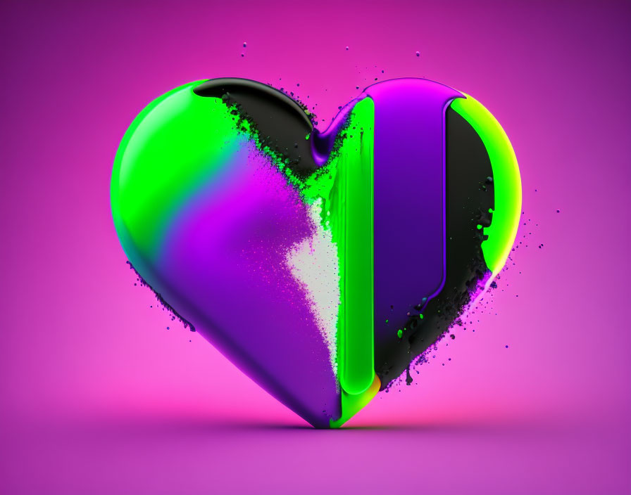 Glossy Heart Split in Black and Neon Green on Purple Background