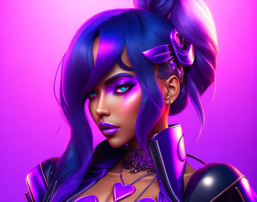 Vibrant blue hair, purple lipstick woman in futuristic attire on purple background