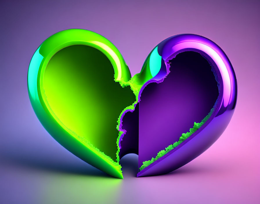 Vibrant 3D-rendered split heart in neon green and purple on glossy finish