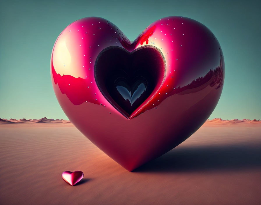 Shiny heart with cutout in desert landscape under pastel sky