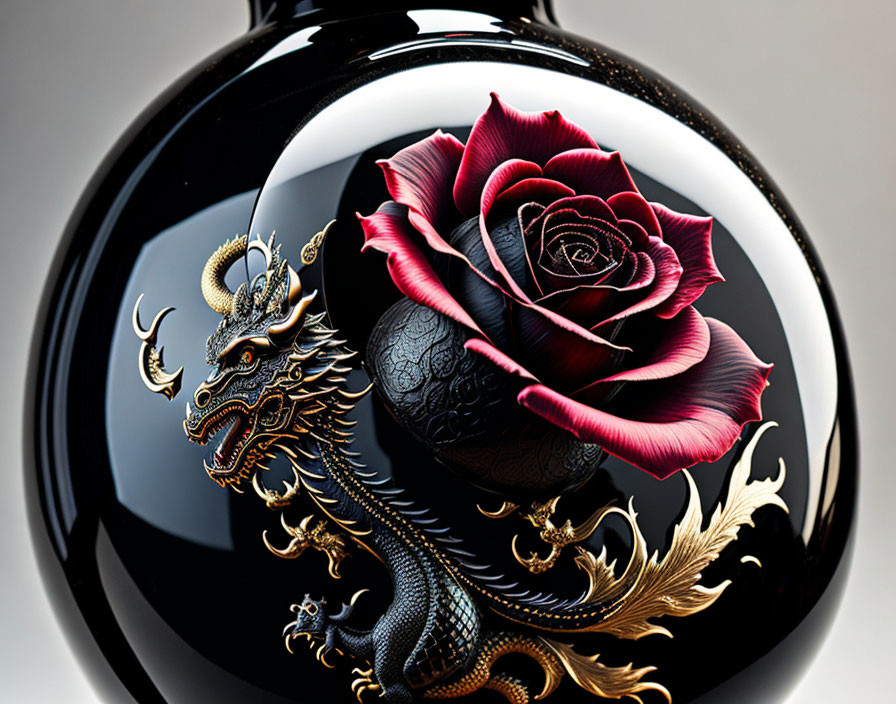 Detailed Dragon and Rose Illustration on Glossy Sphere