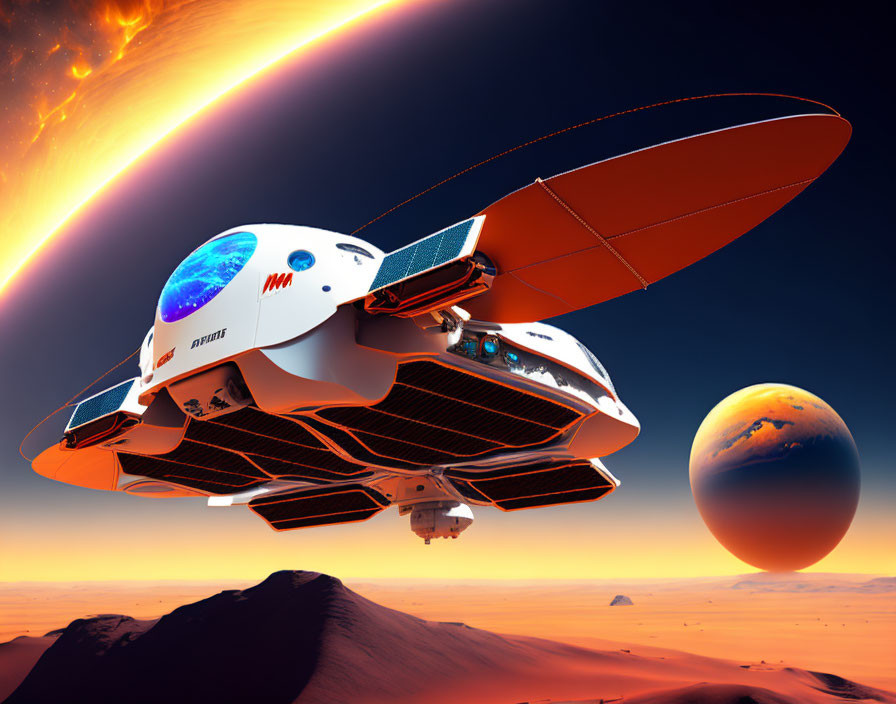 Futuristic spacecraft with solar panels flying above Mars-like planet