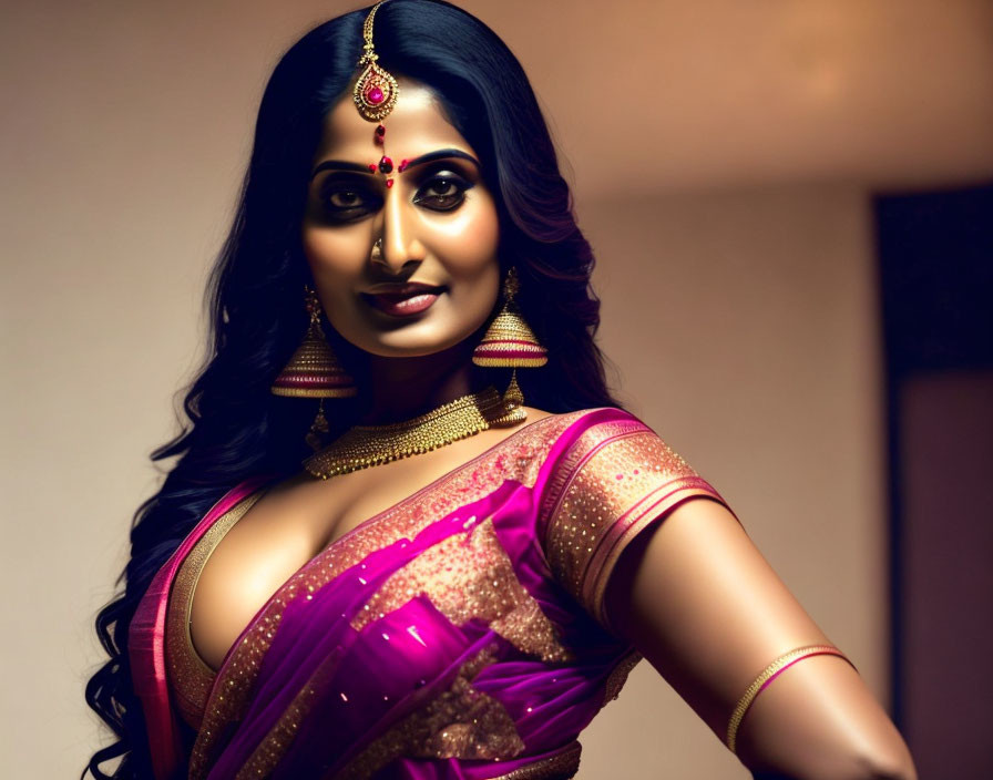 Traditional Indian Attire: Woman in Purple Saree and Gold Jewelry