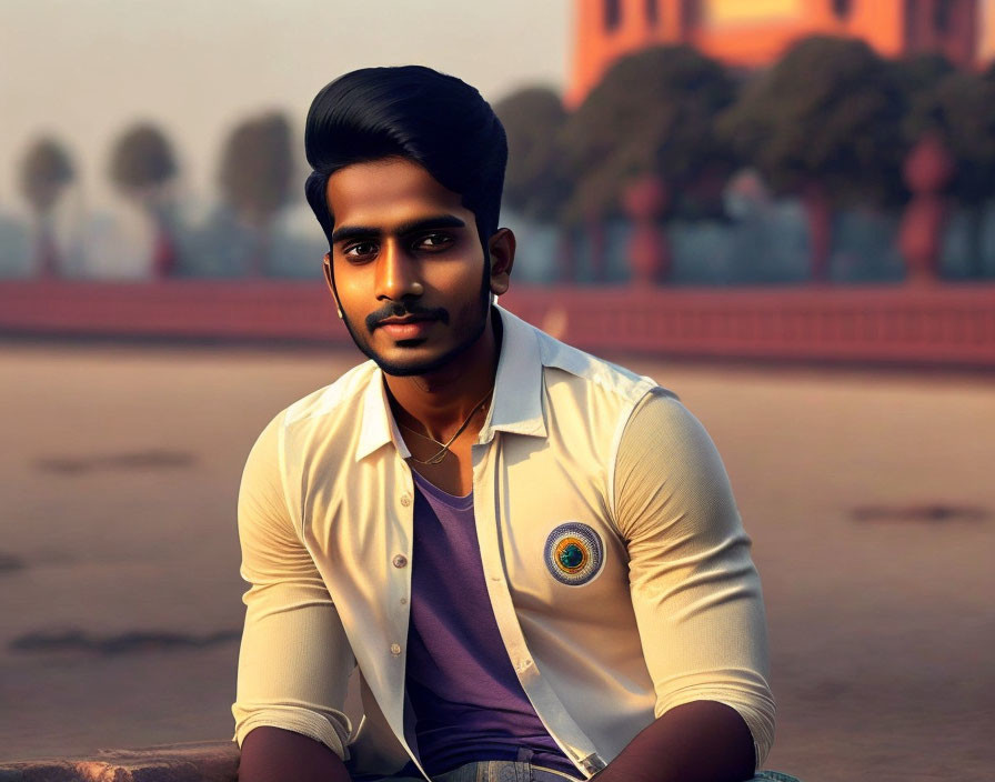 Young man with styled hair in white shirt and jacket, sitting outdoors with peacock emblem.