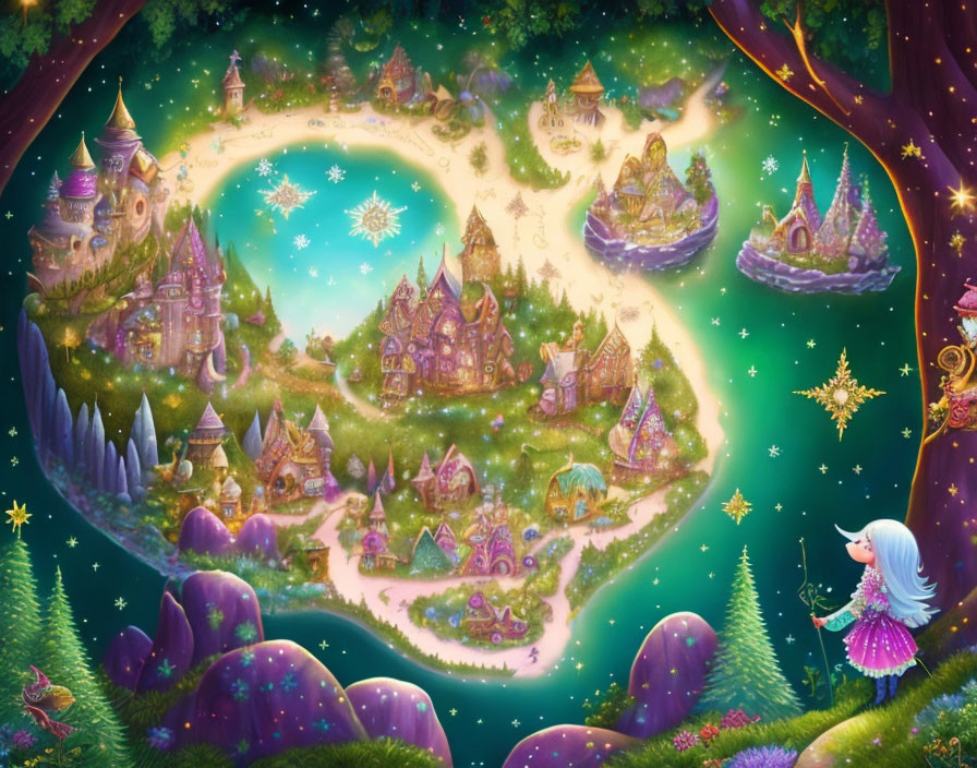 Fantasy landscape with castle, floating islands, girl with wand, and glowing stars