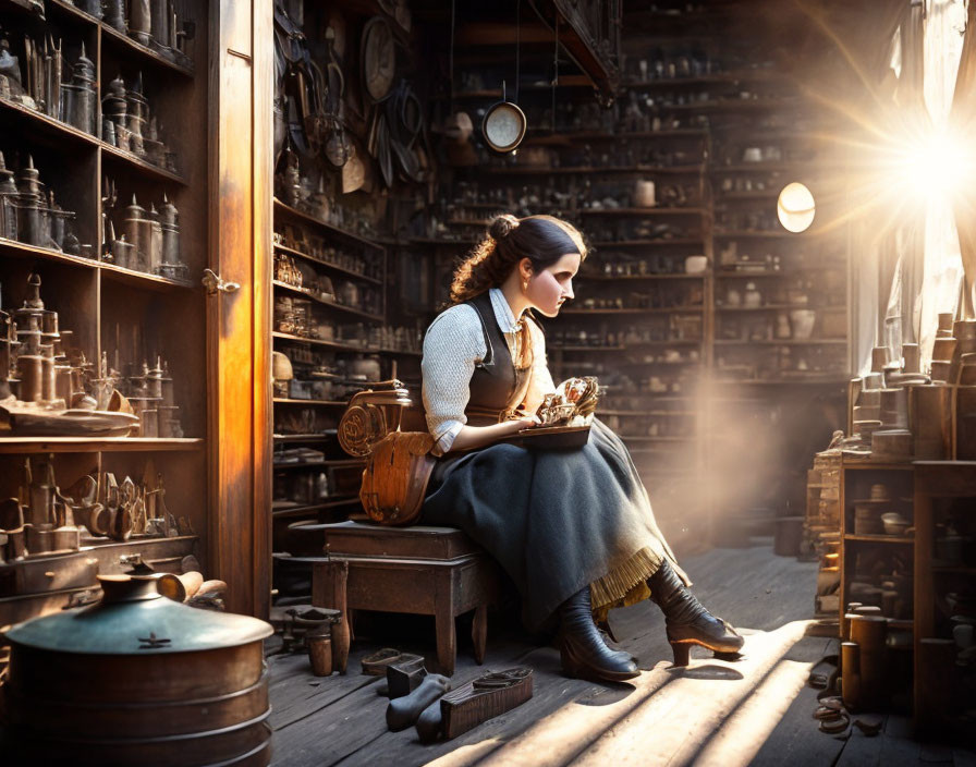 Woman working on mechanical object in vintage workshop