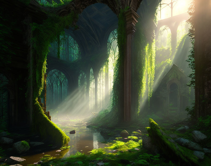 Verdant forest with moss-covered ruins and arches in sunlight