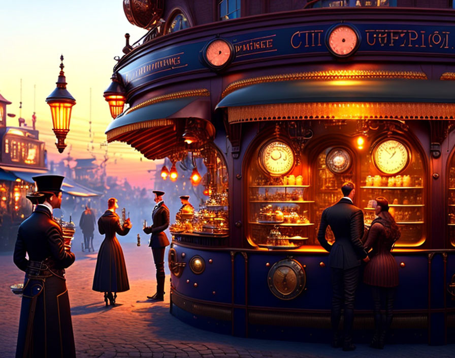 Victorian-era street scene with steampunk coffee kiosk and period attire people at dusk