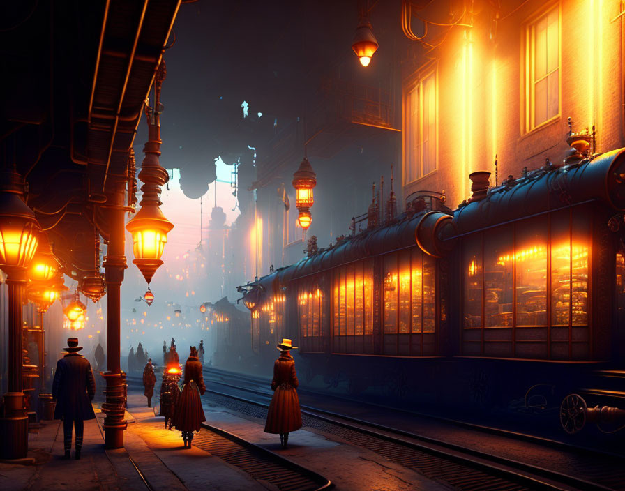 Victorian-style characters in steampunk street scene at dusk