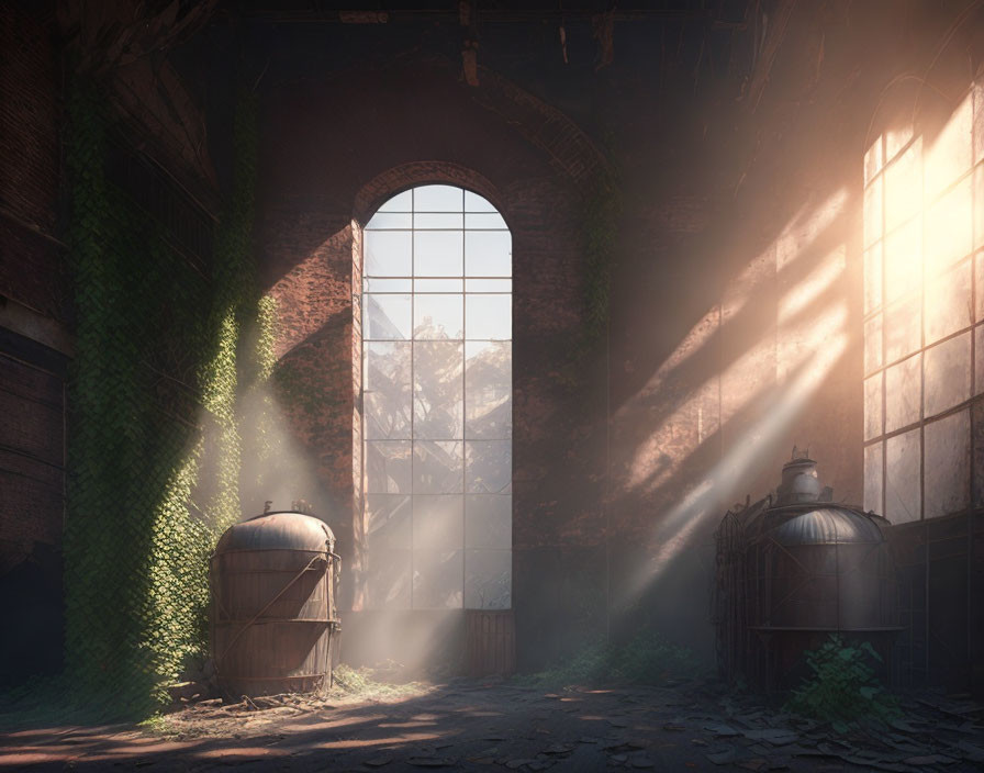 Sunlit old warehouse interior with arched window, dust particles, and wooden barrels.