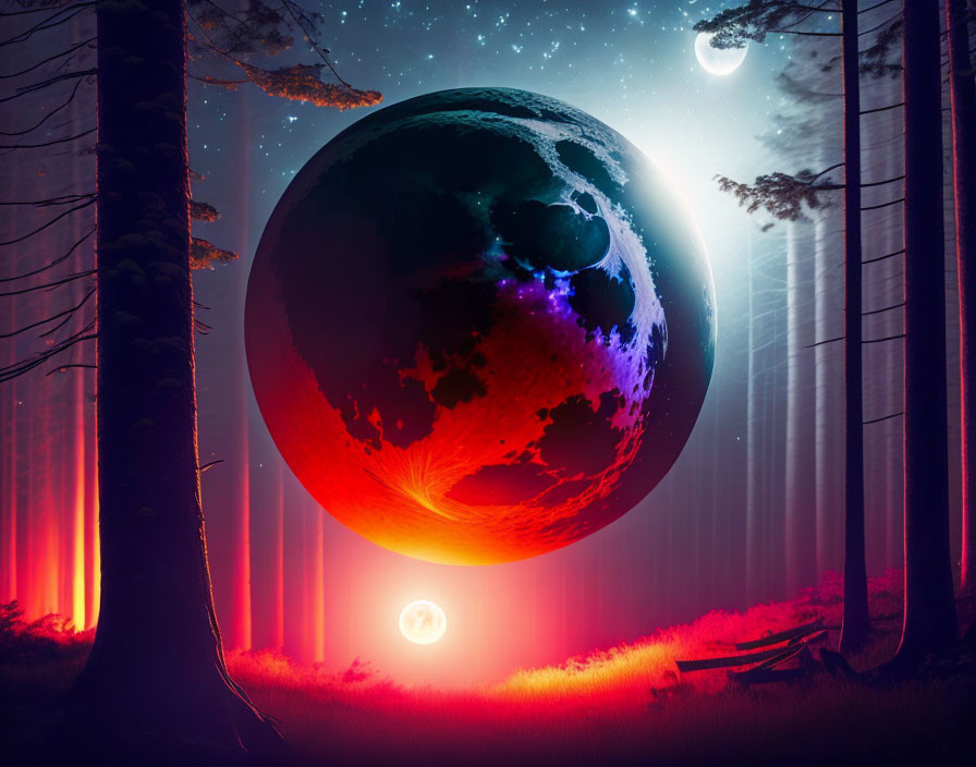 Nighttime forest scene with glowing planet, vibrant lights, and crescent moon