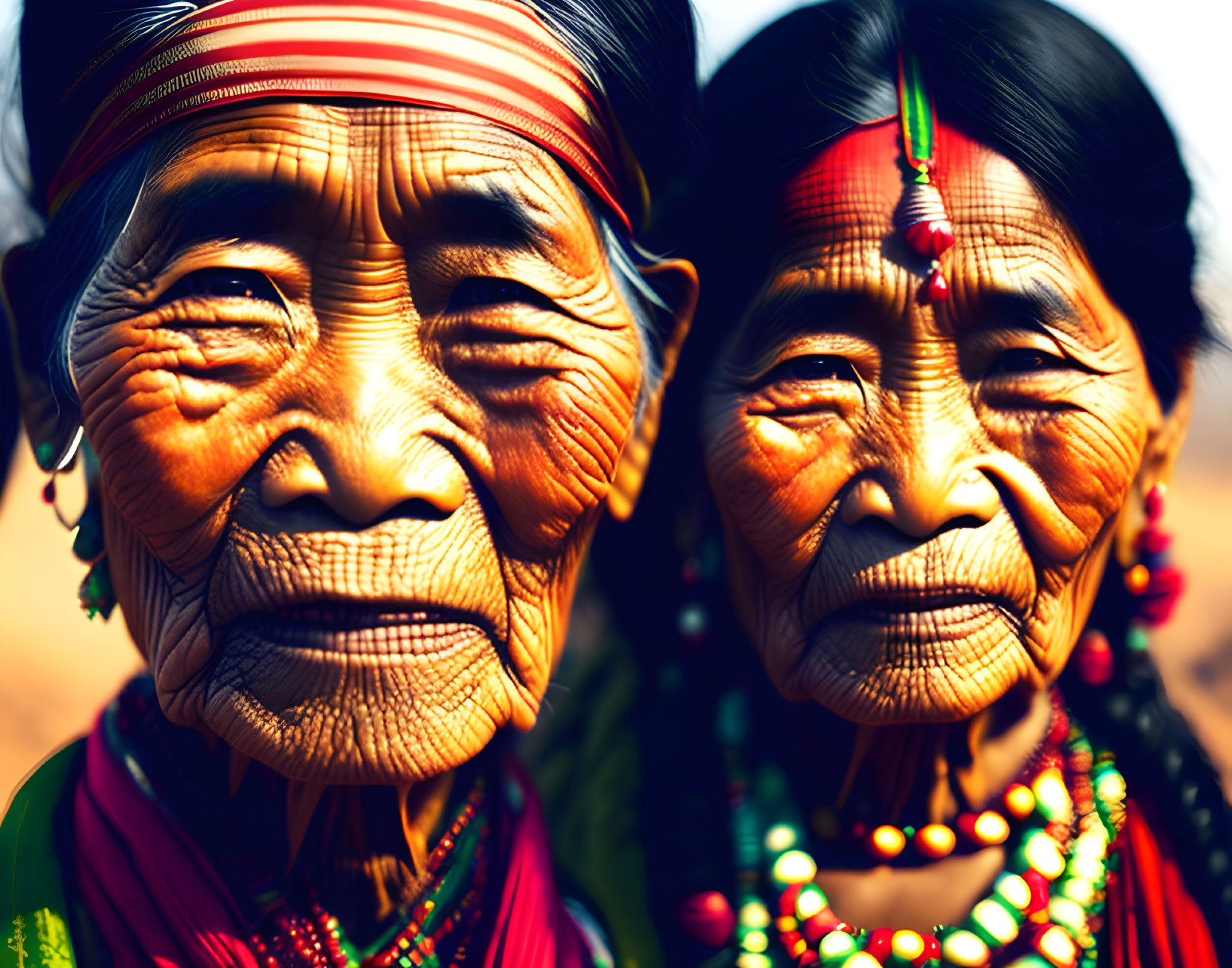 Elderly Women with Traditional Face Tattoos and Colorful Attire