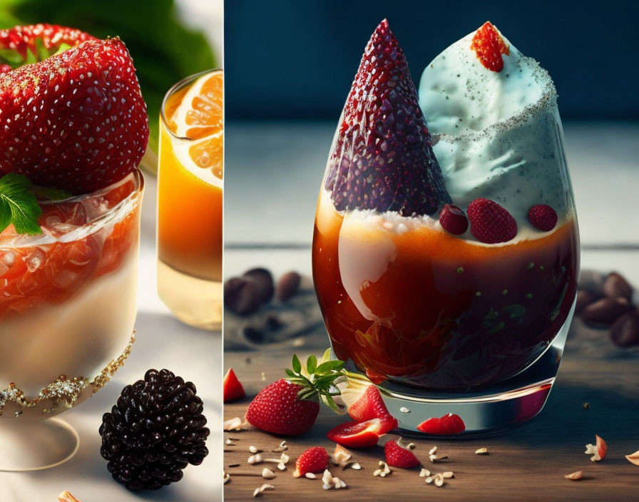 Layered Fruit and Cream Dessert with Berries and Juice on Wooden Table