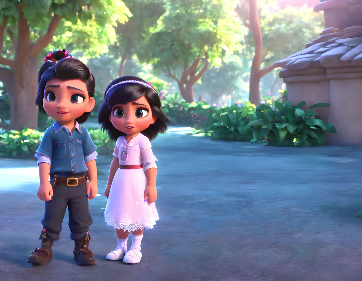 Animated boy and girl characters in sunny park setting.