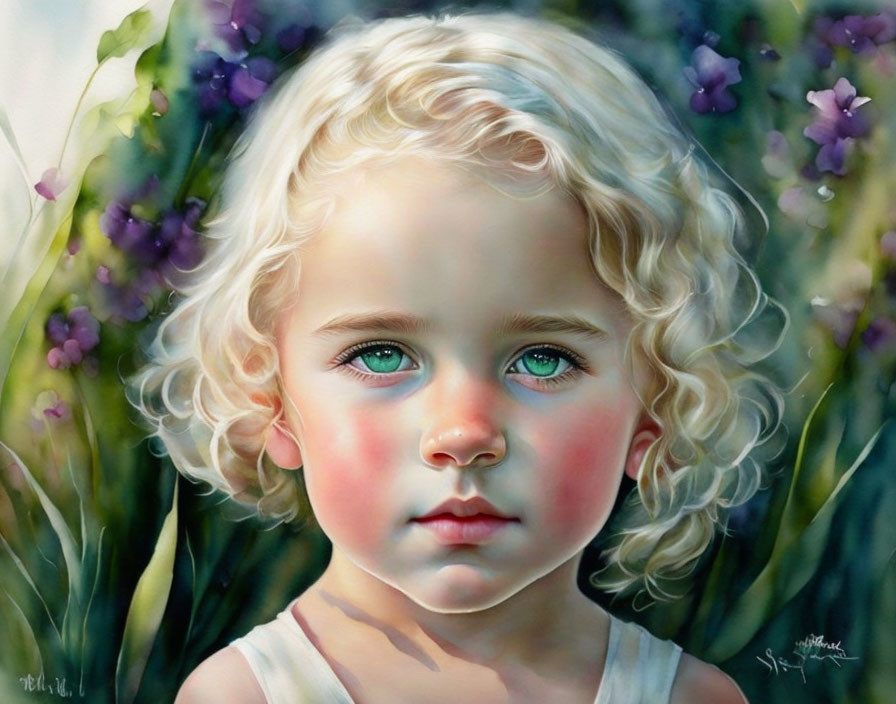 Young child with curly blonde hair and blue eyes in nature setting.