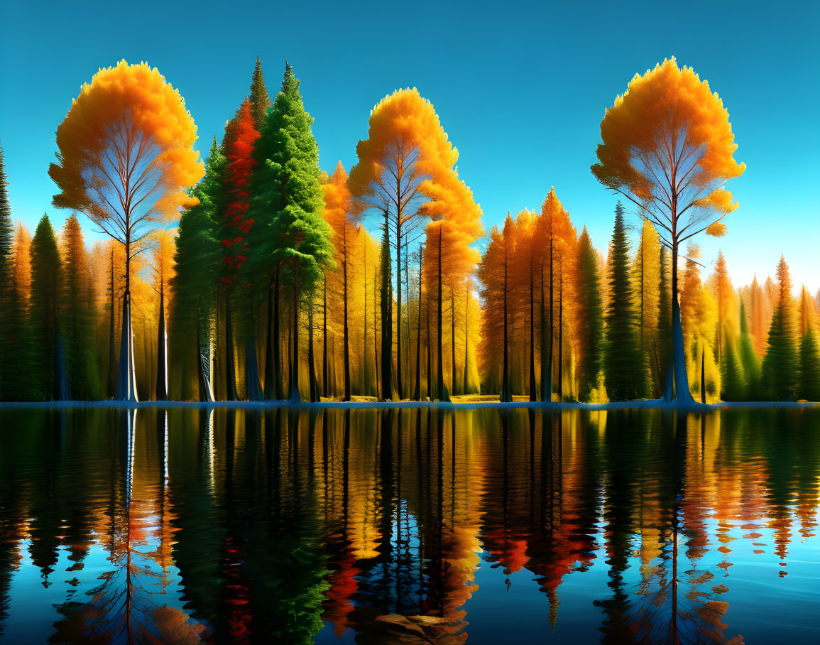 Tranquil lake mirroring colorful forest and blue sky