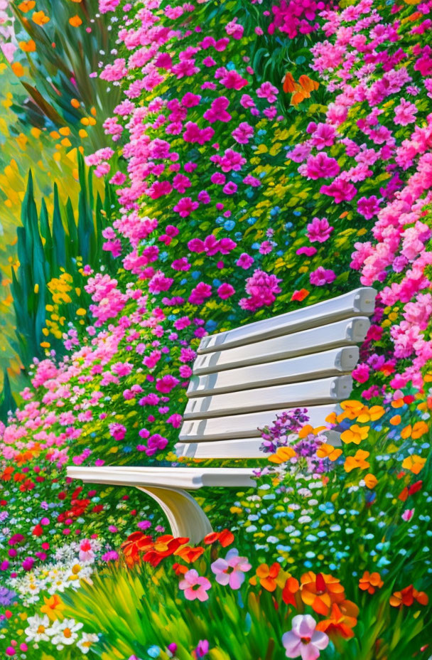 Colorful Flower Garden Surrounding White Bench