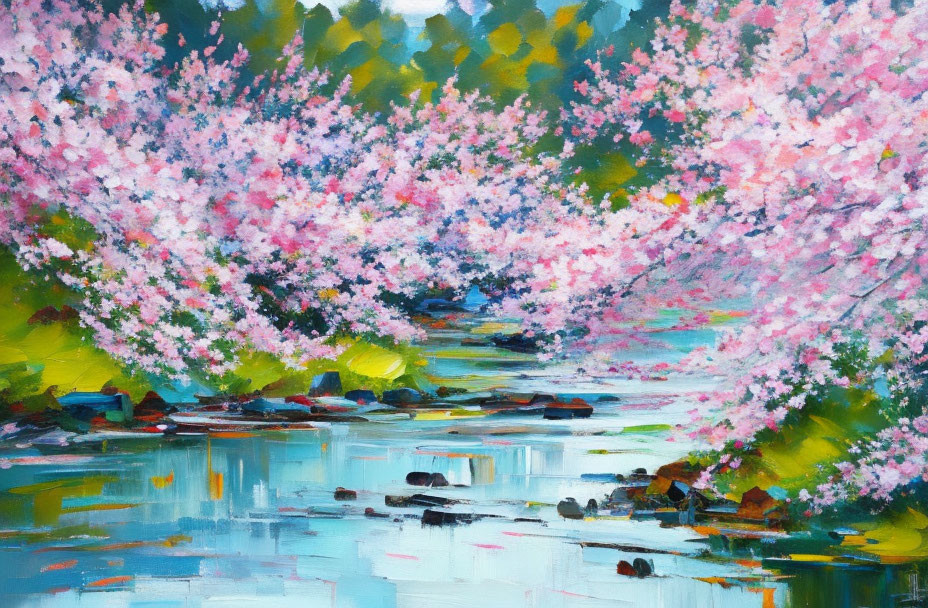 Cherry Blossoms Painting: Serene River Scene