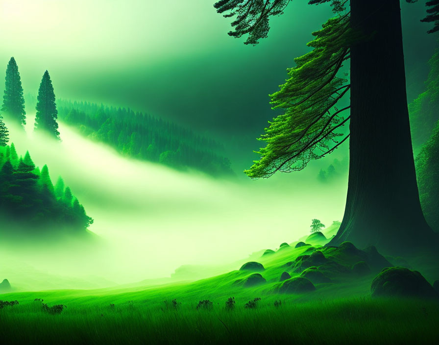 Enchanting green forest with rolling fog, stones, and sunlight beams