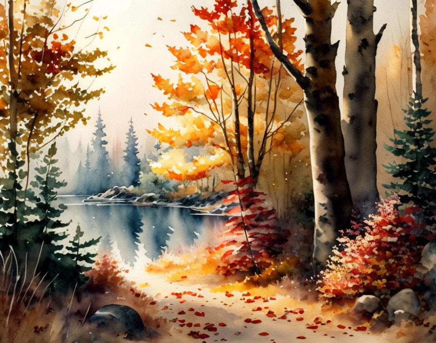 Vibrant watercolor painting of autumnal landscape with trees, lake, birch trees, and