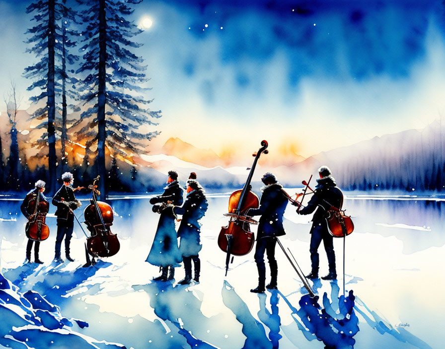 Silhouetted quartet playing string instruments on frozen lake at twilight