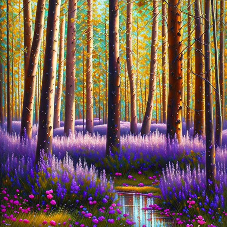 Lush Forest Landscape with Tall Trees and Purple Flowers