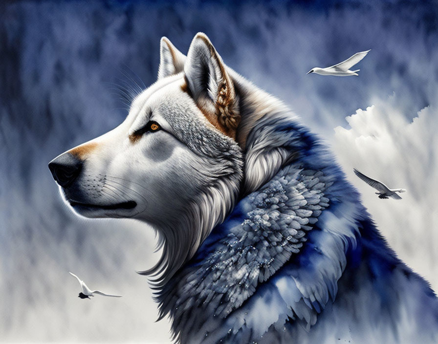 Wolf blending into wing against blue sky with birds - Artistic depiction