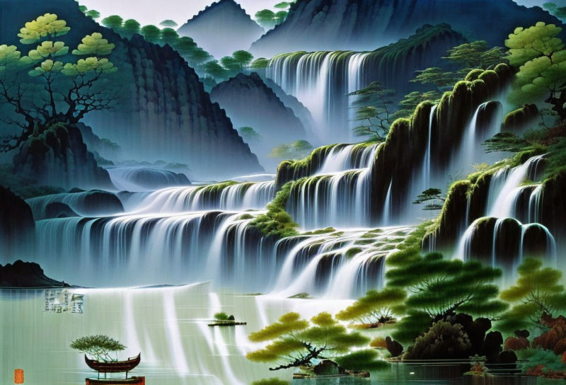 Tranquil scene of cascading waterfalls and serene lake