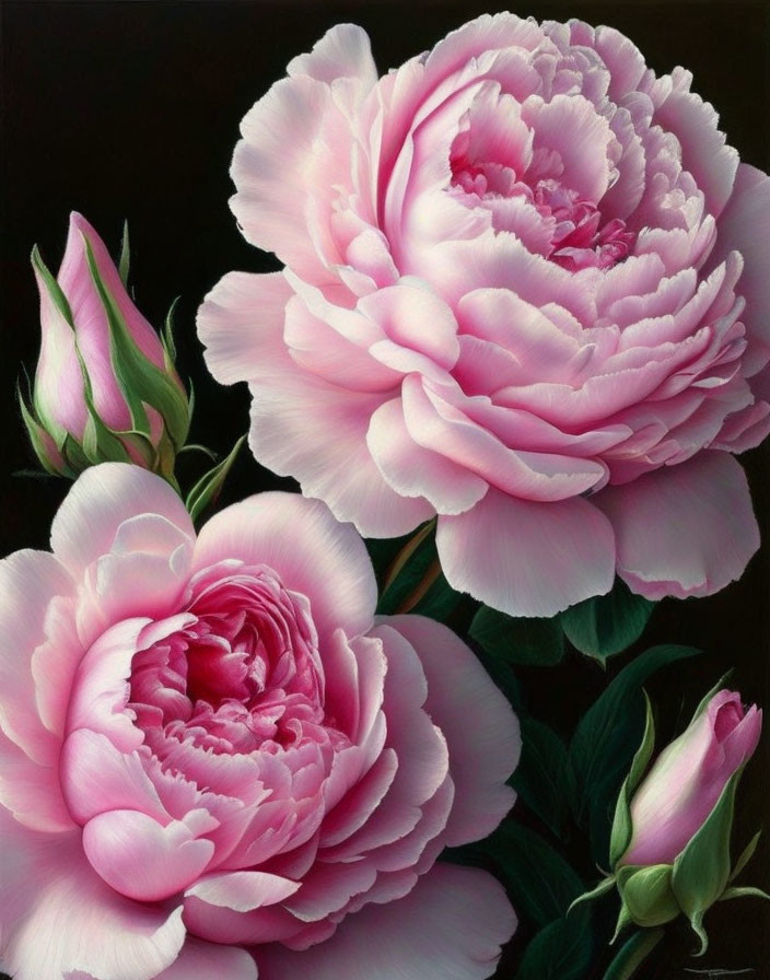 Vibrant pink peonies in full bloom on dark background