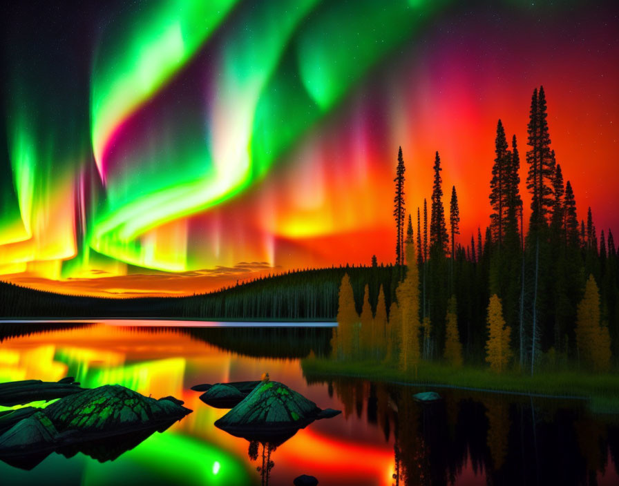 Spectacular aurora borealis over serene lake and forest